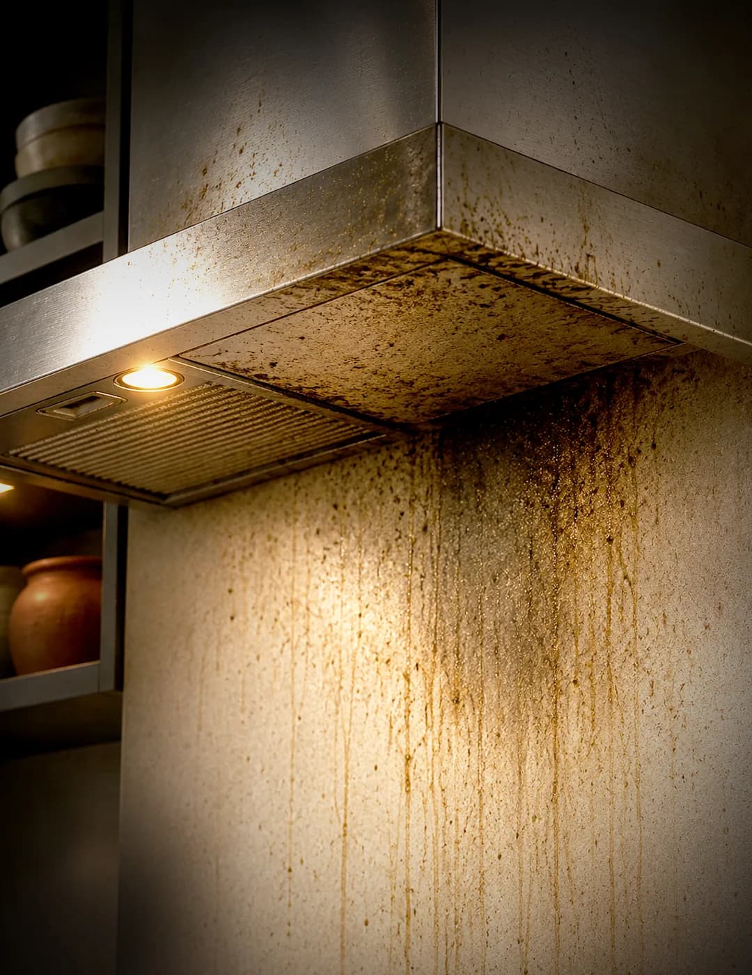 Kitchen surface with smoke and high-heat stains before cleaning