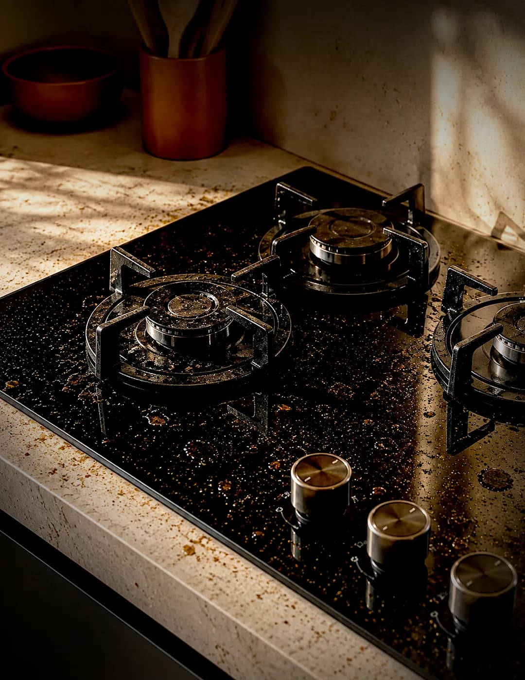 Stovetop with oil splatter and cooking residue before cleaning