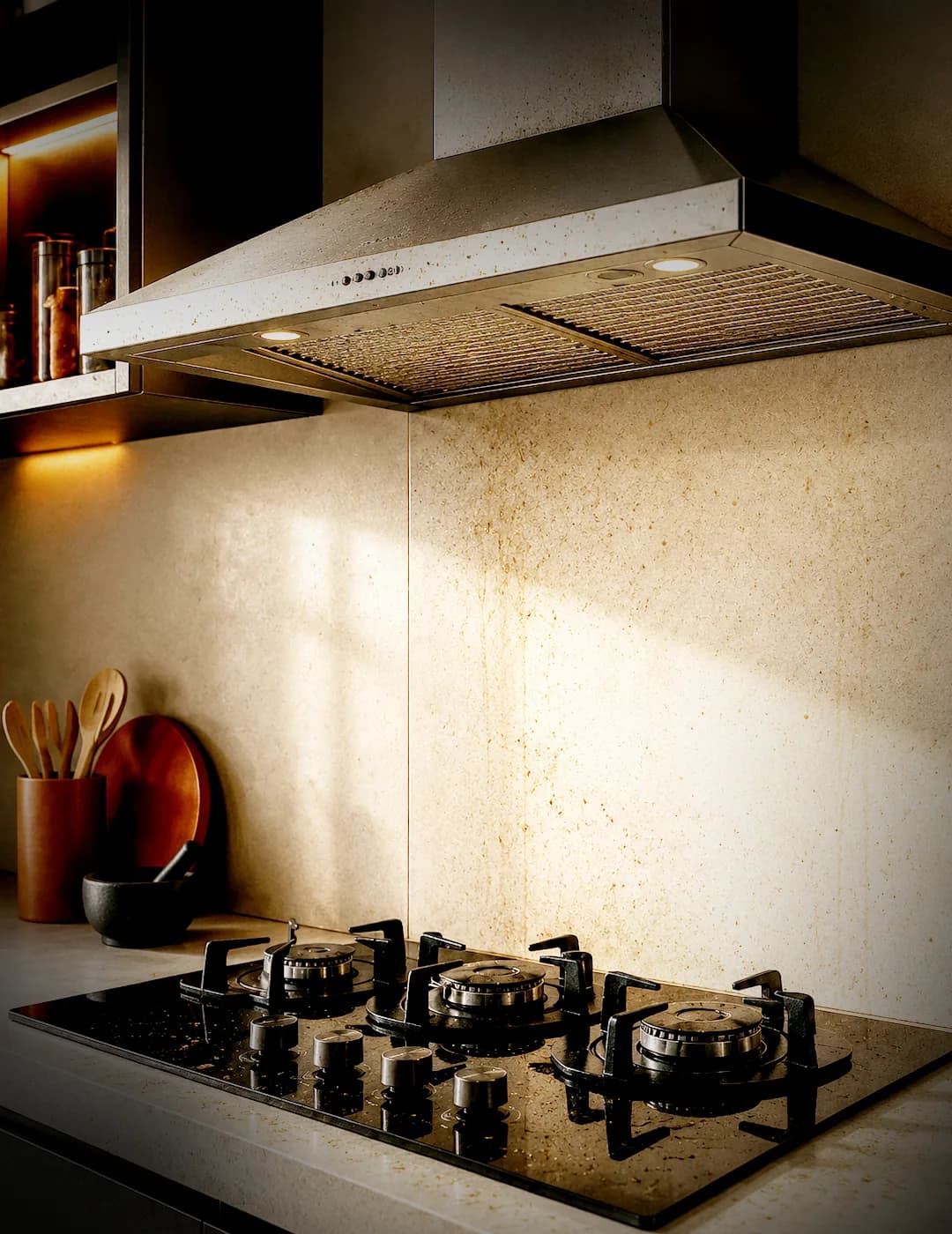 Kitchen hood and stovetop before a full clean