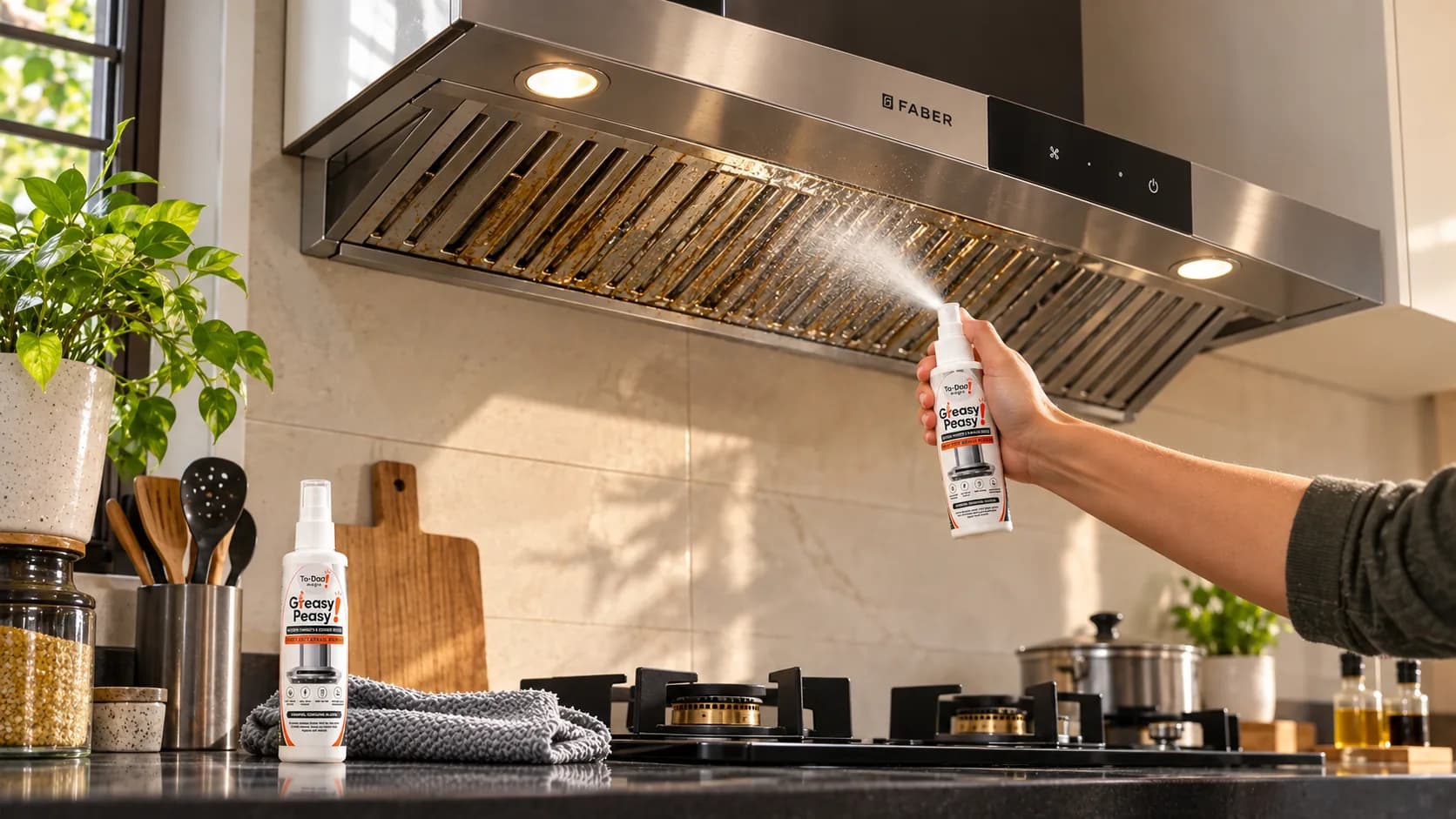 Kitchen chimney baffle filter being wiped clean of grease with a microfiber cloth